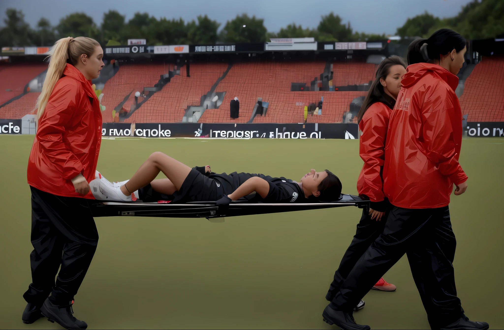 Soccer player is taken away on a stretcher, There is a man lying on his back on a stretcher with his hands grabbing his hurting leg, a man in a t-shirt and sports shorts has put his hands on his injured leg, the man has an agonised face looking to the sky, two horny looking longhaired and ponytailed women that are wearing very shiny coats, there are longhaired women with horny faces wearing laquered puffy coats, longhaired women are walking in wetlook puffy coats, several women walking around a football field with an injured athlete on a stretcher, the injured athlete on the stretcher is grabbing his injured leg with both hands, the women look very worried, behind the women there is a frightening atmosphere, there is heavy rainfall in the background, video still, behind the scenes, pity, china, erotic, horny, drama, very shiny orange vinyl fabric