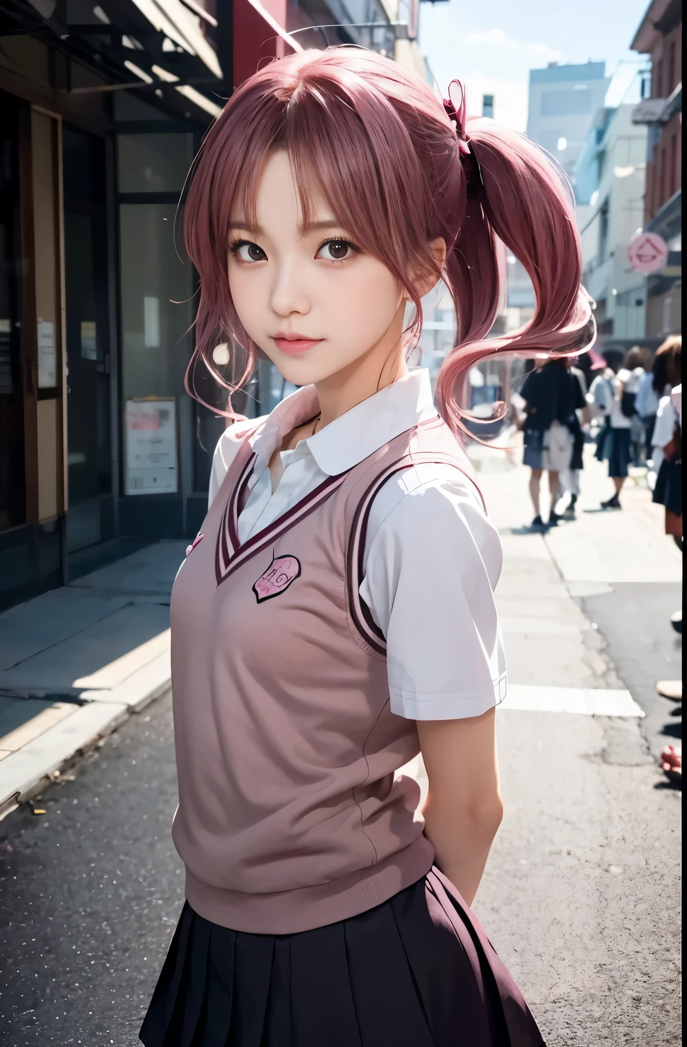 anime girl in school uniform standing on a city street, anime moe artstyle, anime visual of a cute girl, beautiful anime high school girl, young anime girl, cute anime girl, makoto shinka, (anime girl), a hyperrealistic schoolgirl, an anime girl, makoto kano, portrait anime girl, makoto shinkai. digital render,shirai kuroko,Long hair with double ponytail,Pink Long hair with double ponytail,A pink-haired,JK school uniform,shirai kuroko,Long hair with double ponytail,Pink Long hair with double ponytail,A pink-haired,JK school uniform