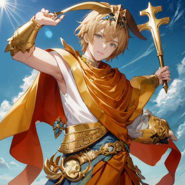 Anime, A man in a golden costume with a sword and shield, keqing from Genshin impact, gilgamesh, zhongli from Genshin impact, Official art, key Anime art, legendary god holding spear, Genshin impact character, greek god, detailed key Anime art, Genshin, kawacy, Golden Taurus, beautiful androgynous prince