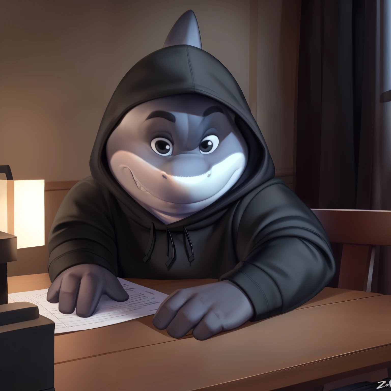 mr shark, plump, fat, belly, black eyes, (pose:1.osing:1.3), (soft shading), 4k, hi res, five fingers, detailed hands, ((detailed face, (detailed eyes:1.0), detailed)), (full body), by zackarry911, by zaush, (by personalami:0.5), looking at viewer, shirt, 1boy, black hooded sweater, hood down showing face, black pants, dark blue shoes, male focus, pants, black shirt, gray sport pants, giant head, huge head, big head. leaning over a table, strongly hitting the surface of the table with his hand, hand resting fully on the table. angry and serious expression