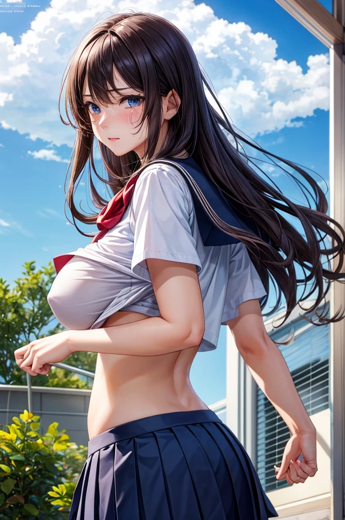 (hyper realisitic), (8K), (Extremely detailed), (Best Illustration), Beautiful detailed eyes, (Best Quality), (Ultra-detailed), (masutepiece), 1girl, Anime Beautiful Girl, Beautiful anime, Beautiful animeの少女, an anime girl, hightquality, 魅力的なan anime girl, 可愛いan anime girl, realistic cute girl painting, Anime style. 8K, ((in 8K)), ((Raw photo)), ((best qualtiy)), High-definition raw color photos, professional photograpy, (Realistic:1.37), (photographrealistic:1.37), ((best qualtiy)), 18year old女, (finerly detailed face:1.2), (best qualtiy:1.2), Retrospective shot of the rear loam, super low angle, from behind, Cinematic lighting, Perfect Style, Beautiful face, acurate, Anatomically correct, Highly detailed face and skin texture, (Skirt lift:1.4), ゆったりとしわの寄った白いpantiyー,透けているpantiy, (pantiy), red blush、humiliated、impatience、dismay、embarrassed from、is crying, Stockings、18year old、Neat and clean woman、1 persons、 (High School Girl Uniform Details:1.5),full of sweat、Long brown-black hair、Blue eyes、(huge tit), White bra,inserting sex toy,