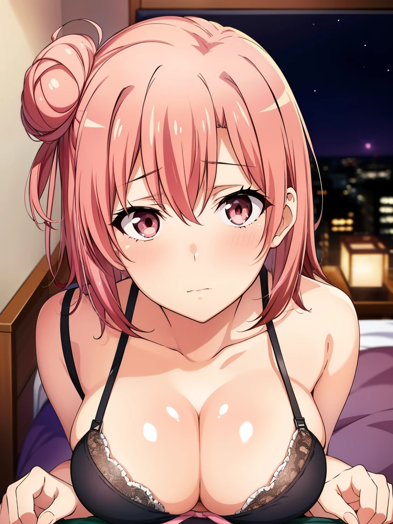 (masutepiece, Best Quality, hight resolution, nffsw, Perfect Pixel, depth of fields, 4K), 
1girl in,  Lori, Beautiful anime girl, 
Looking at Viewer, 
Perfect body,  

Yuigahama Yui, Short hair, Pink hair, hair bun, large boob, 

Full face blush, Shy, 
Black bra,  
Pink bedroom, nighttime scene,
breast press, From  above, 
POV, Focus,