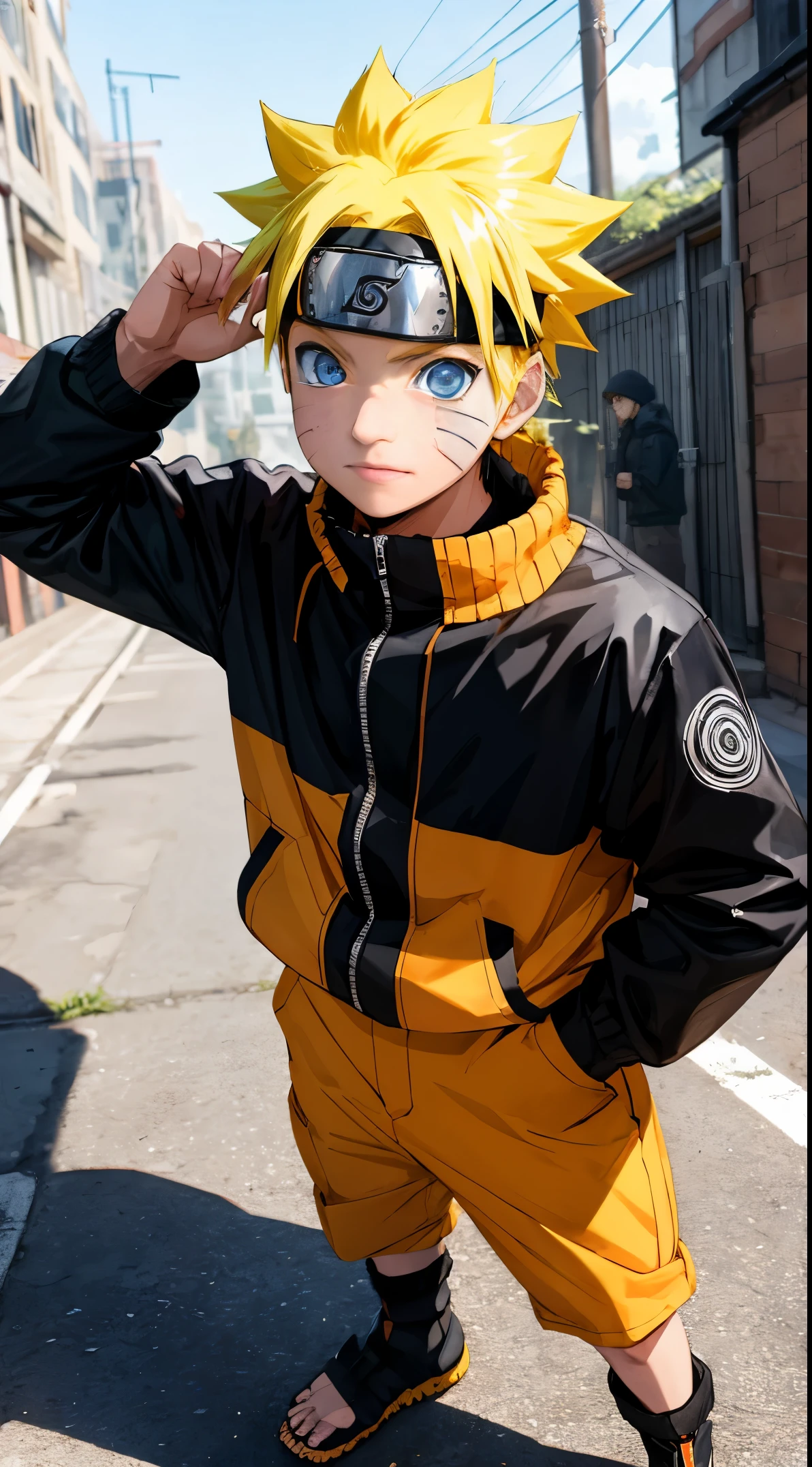 Masterpiece, Superb Style, streewear chothes, Outdoor, half Body, Uzumaki Naruto, blue eyes, short yellow hair,a boy
