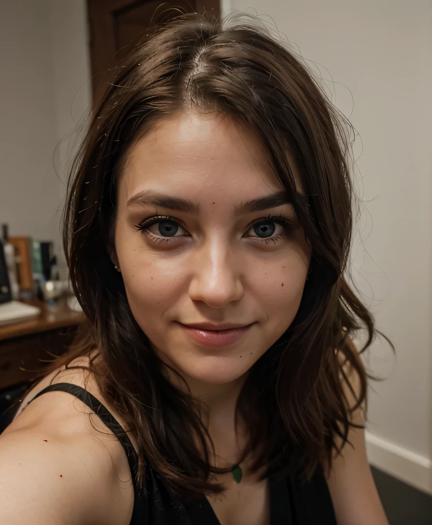 Cute beautiful sexy European light-green-eyed brunette, 32 years old, black dress, medium waist, very detailed, innocent face, face-length 1.3 times the face-width, almond-shaped eyes, squared face-shape, high cheekbones, naturally wavy hair, light-green eyes, high-res, masterpiece, best quality, intricate details, very detailed, sharp focus, detailed skin, realistic skin texture, texture, detailed eyes, professional, 4k, big smile, shot with Canon, light depth of field, Kodak Vision color, perfectly fitting body, extremely detailed, photo_\( ultra\), photorealistic, realistic, post processing, maximum details, roughness, real life, ultrarealistic, photorealism, photography, 8k UHD, photography, standing my a christmas tree, glass of wine, barefoot, selfie, night time,