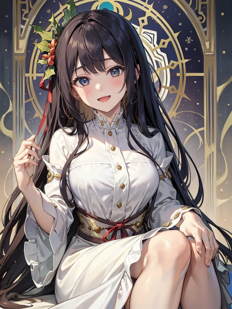 European woman face portrait、long curly hair、bionde、Flower Frame、Decorative panel、abstract art、By Alphonse Mucha (masterpiece、top-quality、hight resolution: 1.4)、detaileds、複雑なdetaileds、4K、color splashes、line-drawing、Santa Claus Costume、Christmas tree、a smile、Opens mouth and laughs
