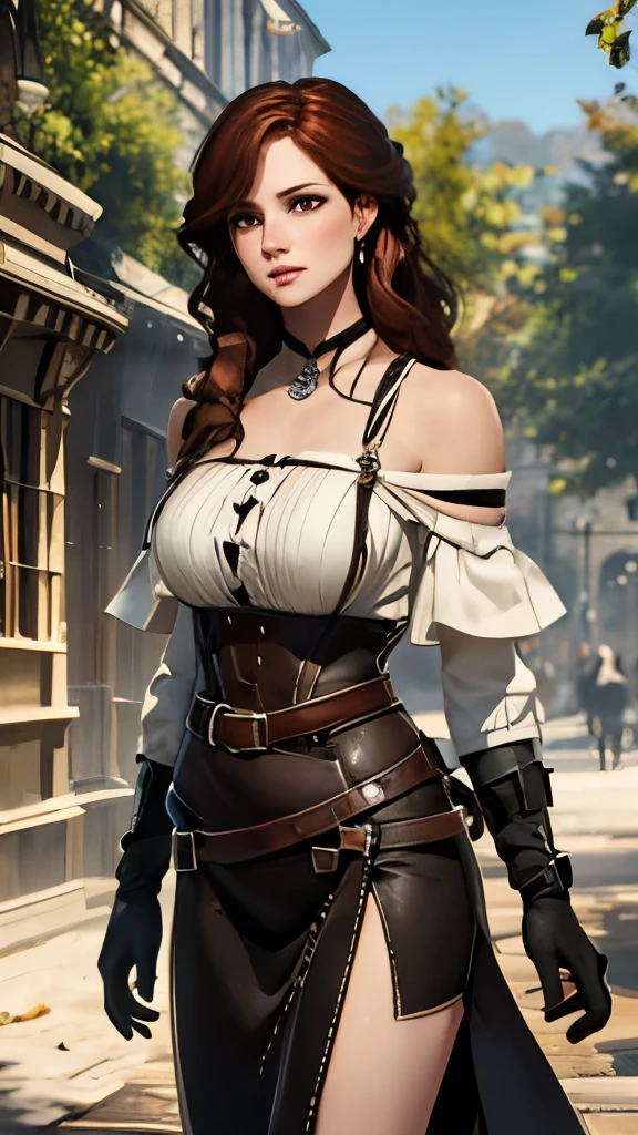 (High quality) Full Body, Woman looks to the side(strides forward)((crisp behind)), curly red hair.((shoulder length)), brown shoulder bag, seductive white blouse(free space), long leather skirt (brown)((slit at the side)), walking stick in hand, black crow on shoulder, role-playing character,