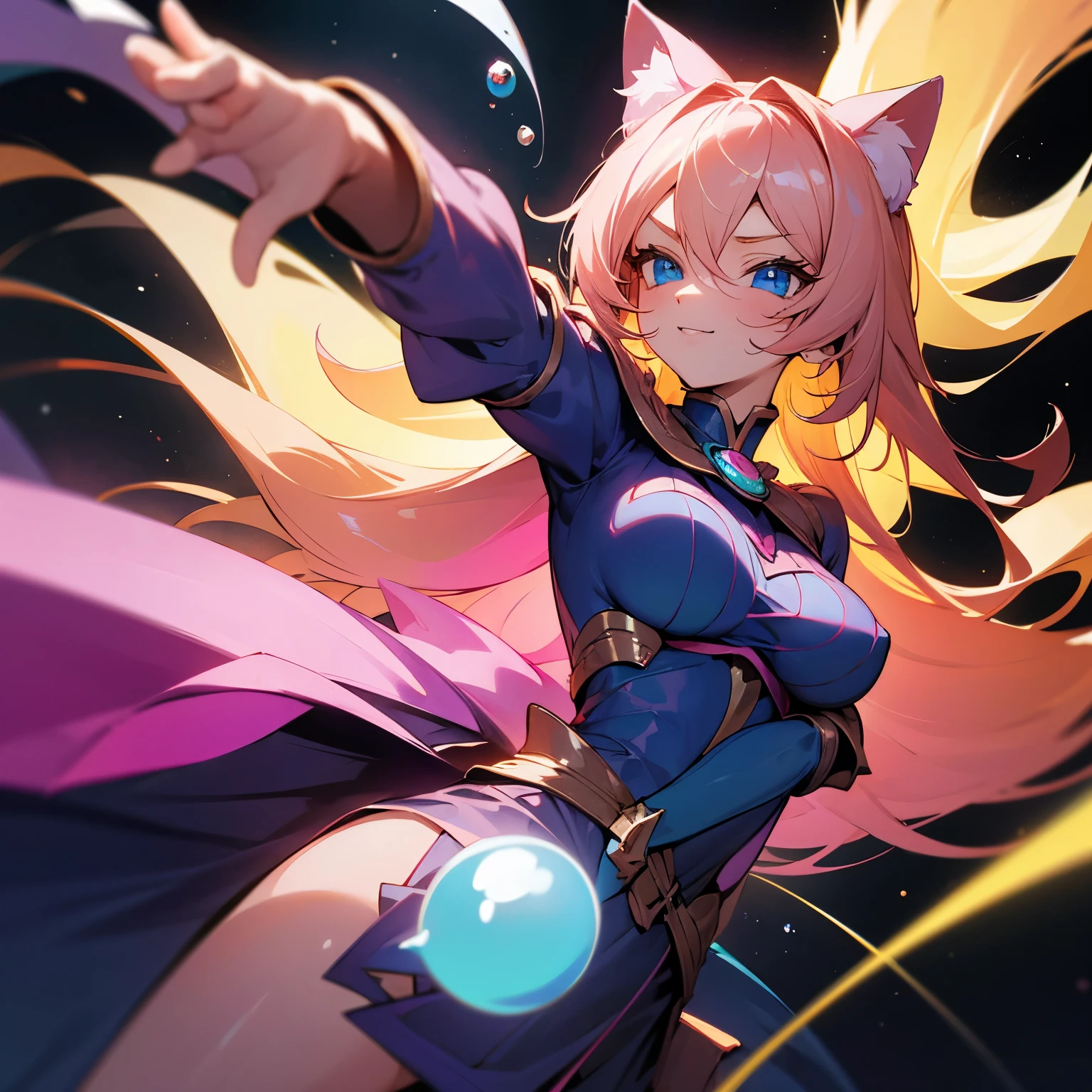 dark magician girl、MKSKS style, (1 girl:1.2), (highly detailed background:1.0), (highly detailed background:1.0), masterpiece, best quality, ultra high resolution, 8K, BREAK, (light pink and golden hair, long hair, cat ears), BREAK, detailed clothing, rainbow colored shirts, half sleeves, pow pose, detailed skin, glossy skin, detailed eyes, blue eyes, looking at the viewer, smile, big breasts, (bubbles:1.2, rainbow, galaxy background), night