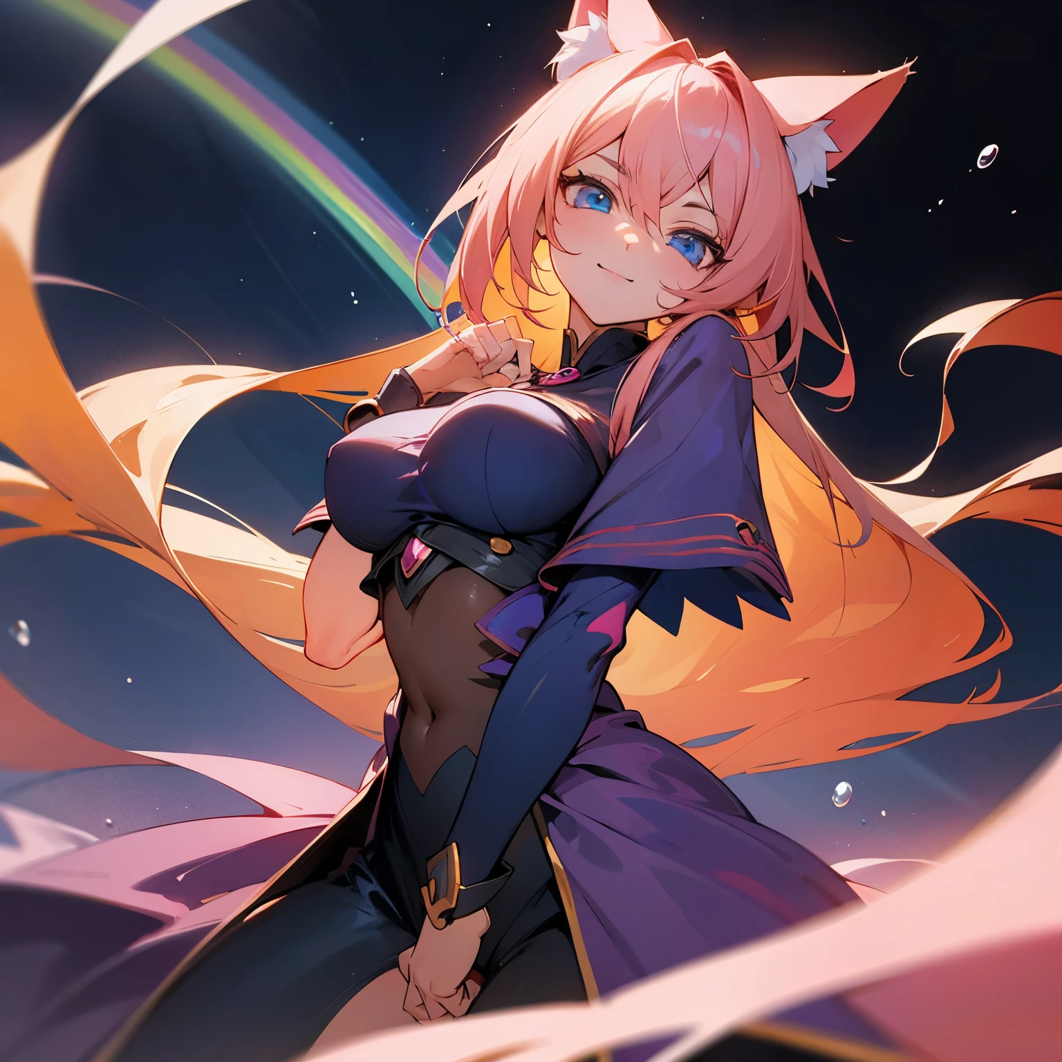 dark magician girl、MKSKS style, (1 girl:1.2), (highly detailed background:1.0), (highly detailed background:1.0), masterpiece, best quality, ultra high resolution, 8K, BREAK, (light pink and golden hair, long hair, cat ears), BREAK, detailed clothing, rainbow colored shirts, half sleeves, pow pose, detailed skin, glossy skin, detailed eyes, blue eyes, looking at the viewer, smile, big breasts, (bubbles:1.2, rainbow, galaxy background), night