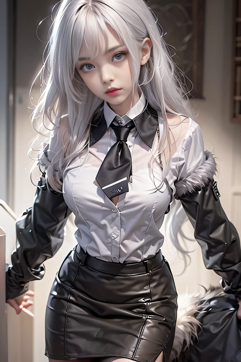 Random view, American shot, Real, realistic woman style, (Blue eyed Hungarian), 18 years old girl, ((gray blazer, ribbon, navy blue folded miniskirt, mid-thigh socks)), university classroom, beautiful detail in the eyes, (eye size: 3/4) light on the face, (((intricate details))), especially strong light, (upper eyes, shy smile), shiny skin, (((silver-white hair color) )), (medium thighs), ulzzang-6500-v1.1: 0.2, bashful, (Flash: 1.2), NSFW, ((seductive pose: 1.3, attractiveness: 1.3)), (sitting on desk), ((complexion slim and perfect body)), bright and refreshing classroom, Cute and symmetrical face, Natural side lighting, RAW photos, superior quality, masterpieces, High Definition RAW color photos professional close-up photos, (realistic, photorealism: 1.2), ( highest qualityr), (high contrast light shadows), (best illustrations), (erotic, sexy, ultra-high-resolution, HD Unified CG Wallpapers, Physical representation, movie lighting), Canon EOS R50 camera with 50mm lens