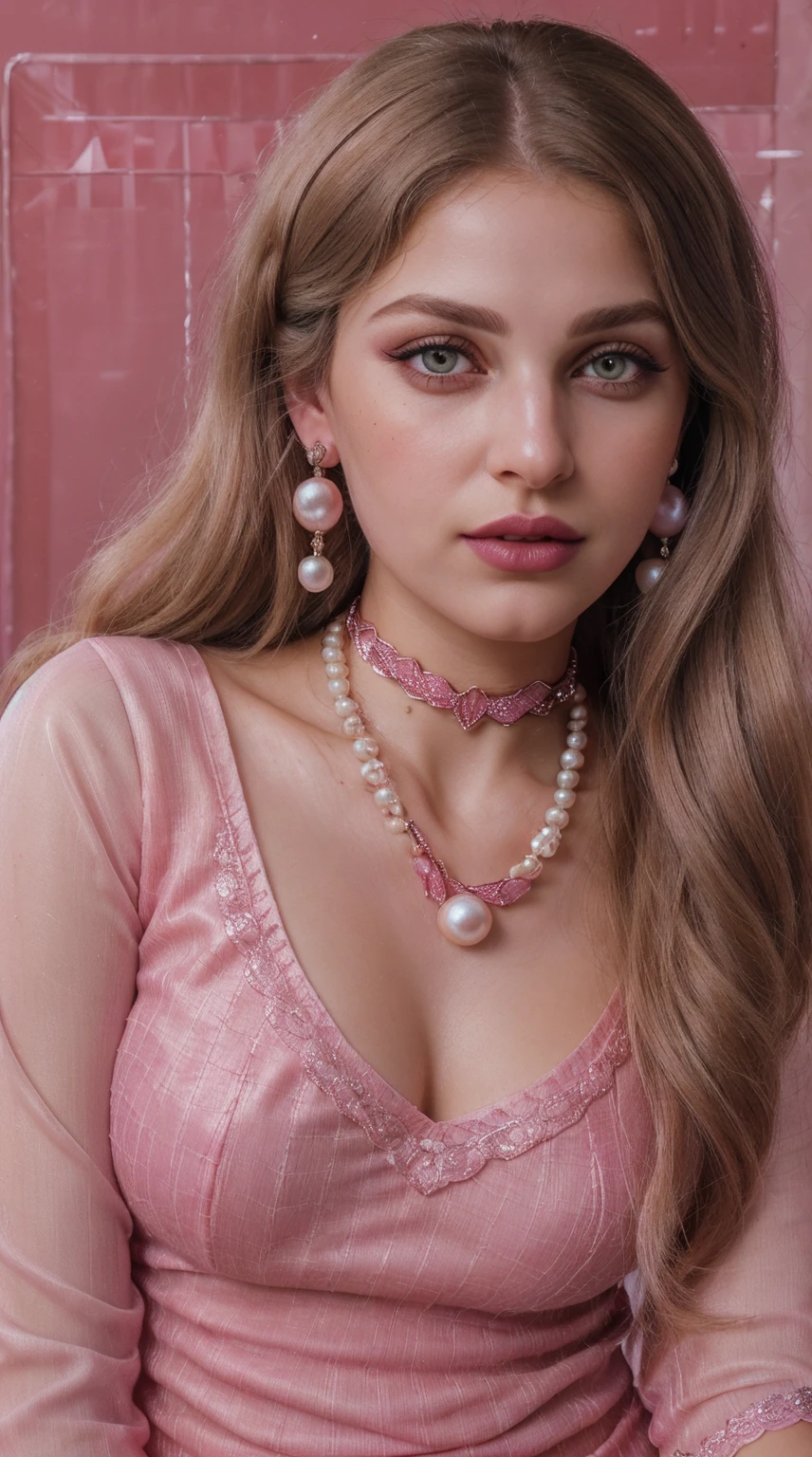 (Blond brown hair), (RAW photo, realism: 1.8), (very dark pink lip gloss), (dark jet pink lipstick), (many eyelashes), (eye shadow), (too much shy), (too much blushing), (high quality), (high resolution), (depth of field), (chromatic aberration), (caustic), (wide light), (pearl pink colors), (22 year old woman), (innocent face), (cute face), (chicks) (necklaces), ((nose pin)), (chokers), (earring), (bracelets), (wear many accessories), (very soft pearl pink fair large breasts), very good clothing), (style A good woman), (pink silk salvar kameez), (dupatta), (beautiful pearl pink fair skin), (beautiful legs), (lots of exposure), (very line), (figure that looks delicious), (long and brod lips),