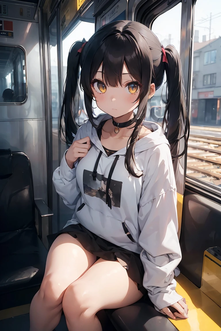 (masterpiece, best quality, 4k, insane details, watercolor, 1girl), long black hair, long twintails, cute hair pins, yellow eyes, choker, wearing a long black hoodie that covers her thighs, oversize clothes, sitting inside a train, leaning on the train window, cell shading, aesthetic, vibrant, eyeshadow, perfect body, perfect hands, perfect eyes, detailed eyes, bokeh, reflections, cold atmosphere