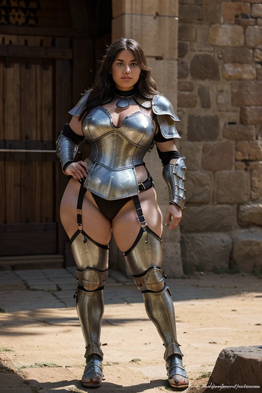 (warrior bbw , full body,), (armor, medieval, perfect body and face,), struggling,