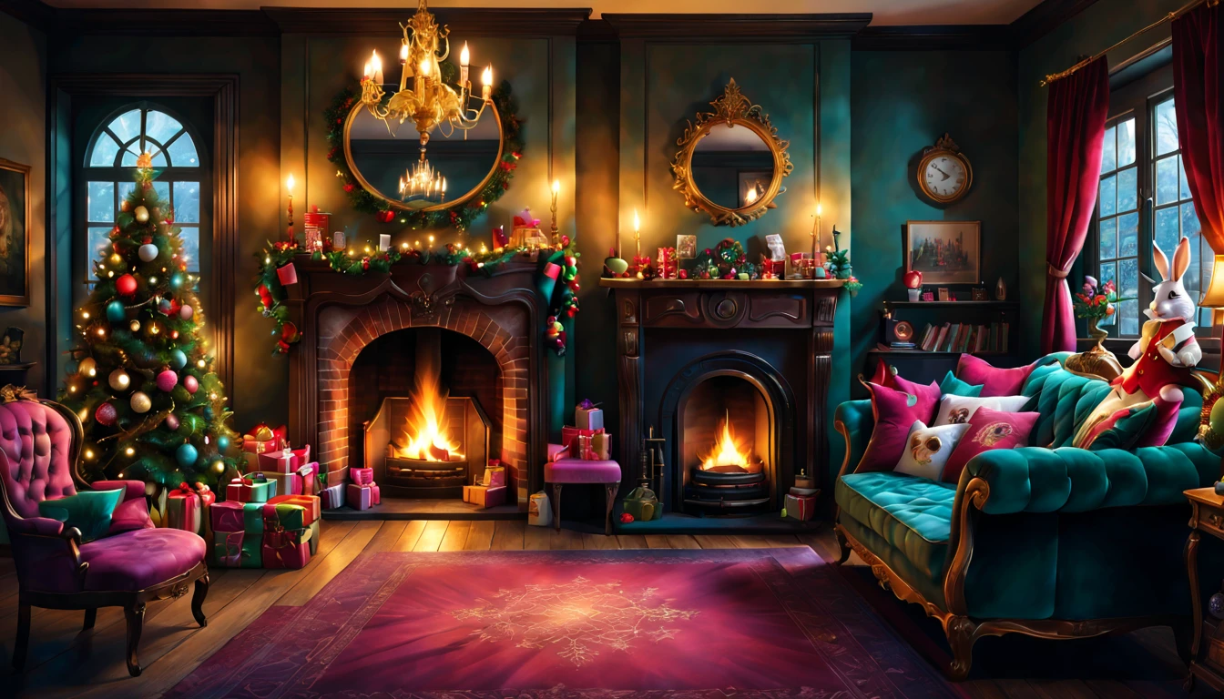 (photorealistic:1.2),ultra-detailed,Christmas, Alice in Wonderland style, living room, cozy atmosphere,chimney,decorated Christmas tree,presents,ornaments,fireplace,magical,tea set,playing cards furniture,enchanted lighting,vivid colors,mysterious,rabbit hole,quirky details,magic potion,dreamlike,adorable chandelier,dancing furniture,smiling clock,curious mirror,whimsical,unusual perspective,magical doorways,plush cushions,sparkling snowflakes,jolly atmosphere,cupcakes and treats, festive ornaments,mischievous grin,happy surprises,imaginative,joyful celebration, fantasy wonderland, whimsical decorations,carefully placed stockings,candle lights,cosy carpet,fairy lights,celebration of wonder,exciting holiday spirit,enchanted decorations, joy and warmth, delightful surprises, wonder-filled festivities, magical and charming ambiance,creative and playful, holiday cheer
