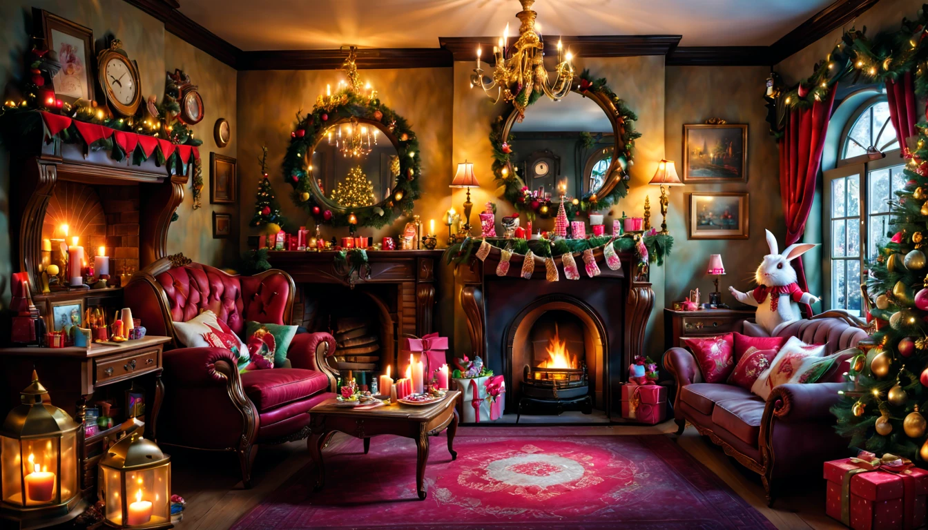 (photorealistic:1.2),ultra-detailed,Christmas, Alice in Wonderland style, living room, cozy atmosphere,chimney,decorated Christmas tree,presents,ornaments,fireplace,magical,tea set,playing cards furniture,enchanted lighting,vivid colors,mysterious,rabbit hole,quirky details,magic potion,dreamlike,adorable chandelier,dancing furniture,smiling clock,curious mirror,whimsical,unusual perspective,magical doorways,plush cushions,sparkling snowflakes,jolly atmosphere,cupcakes and treats, festive ornaments,mischievous grin,happy surprises,imaginative,joyful celebration, fantasy wonderland, whimsical decorations,carefully placed stockings,candle lights,cosy carpet,fairy lights,celebration of wonder,exciting holiday spirit,enchanted decorations, joy and warmth, delightful surprises, wonder-filled festivities, magical and charming ambiance,creative and playful, holiday cheer