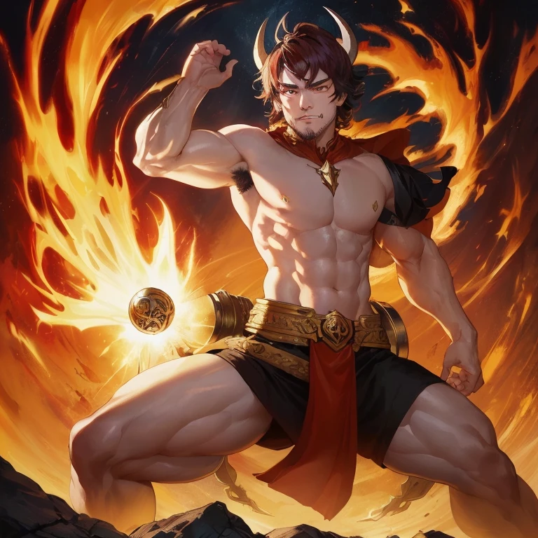 Close-up of a man with a sword and fireball, handsome japanese demon boy, keqing from genshin impact, muscled humanoid balrog demon, handsome guy in demon slayer art, fire demon, by Yang J, human male demon, djinn man male demon, muscular male hero, demon male, portrait of demigod hercules