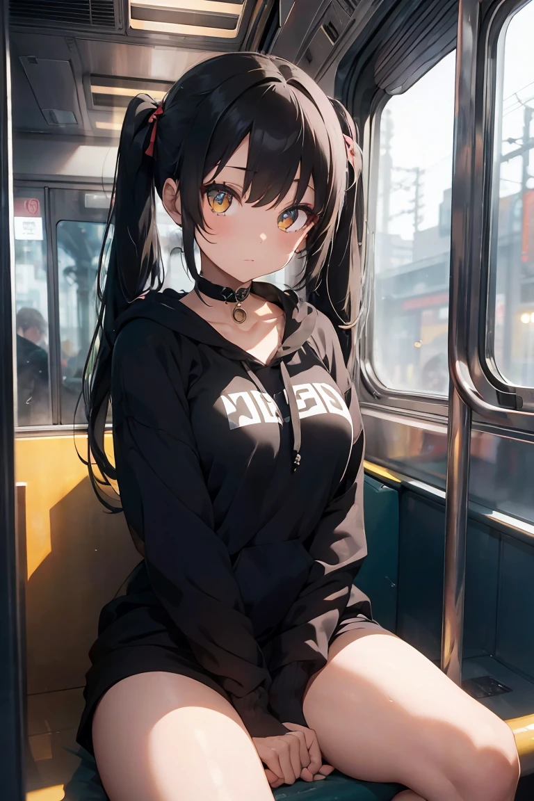 (masterpiece, best quality, 4k, insane details, illustration, 1girl), long black hair, long twintails, cute hair pins, yellow eyes, choker, wearing a long black hoodie that covers her thighs, oversize clothes, sitting inside a train, leaning on the train window, cell shading, aesthetic, vibrant, eyeshadow, perfect body, perfect hands, perfect eyes, detailed eyes, bokeh, reflections, cold atmosphere
