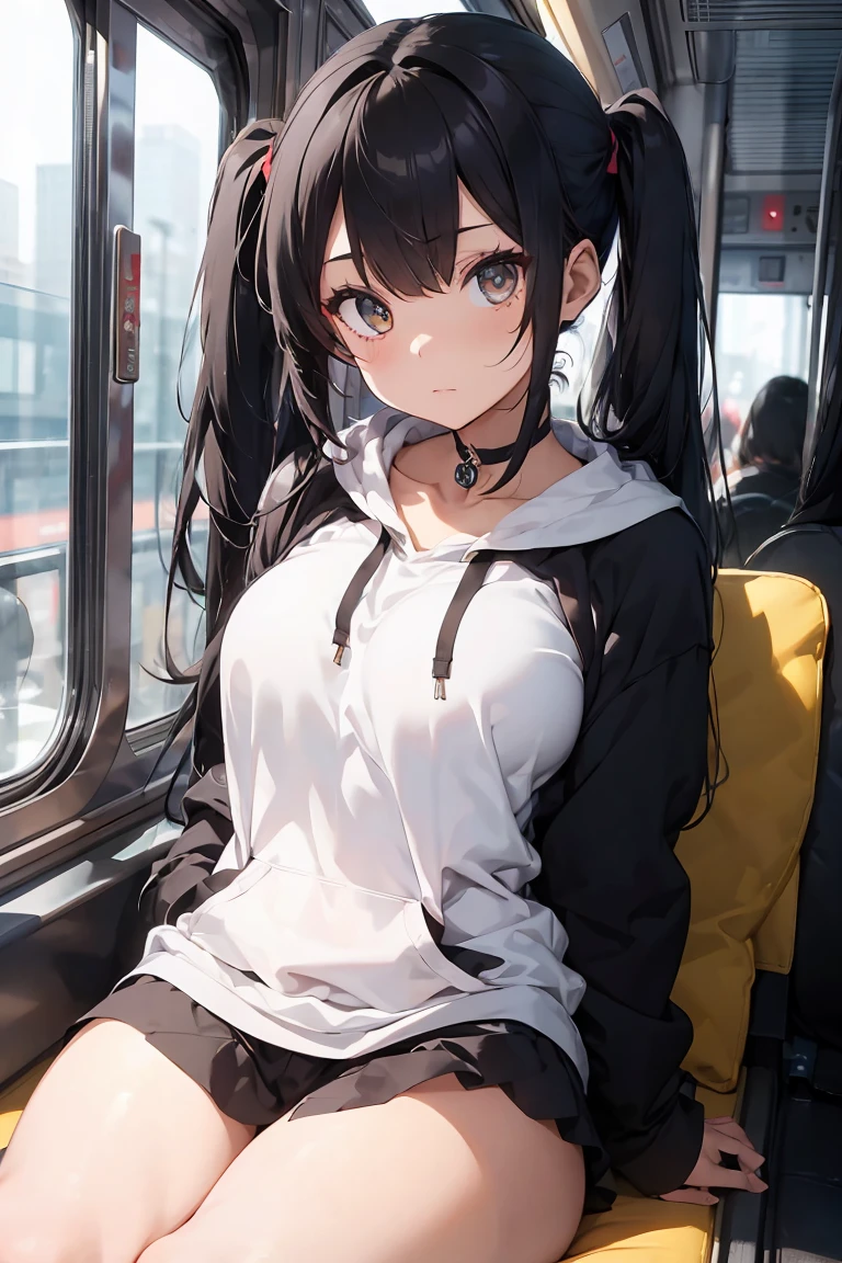 This illustration depicts a cute girl going on a holiday outing. She is in her twenties and has bright eyes. The location is inside the train. The interior of the train is depicted in a very delicate and realistic manner. However, the most noteworthy thing is the "last mysterious high-energy body" she emits. This energy body released from her body has the power to annihilate the garbage in the sky. The blue-white light reaches every corner. He is sitting and dozing, and is wearing boyish clothes. It's summer and it's very hot.
