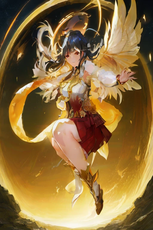 Anime girl flying in the sky with wings in her hands, by Yang J, Ayaka Genshin Impact, cushart krenz key art feminine, with fiery golden wings, angel knight girl, anime goddess, as a mystical valkyrie, with fiery golden wings of flame, portrait of modern darna, mystical valkyrie, keqing from genshin impact, yun ling