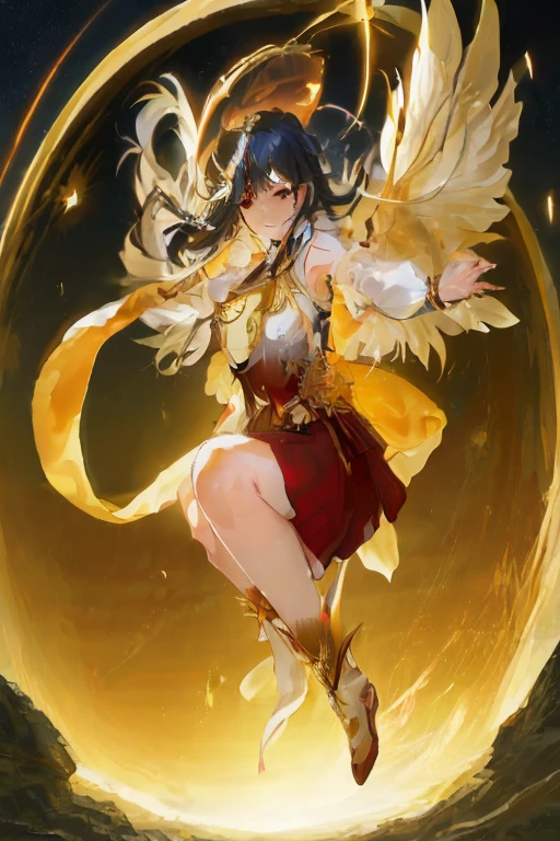Anime girl flying in the sky with wings in her hands, by Yang J, Ayaka Genshin Impact, cushart krenz key art feminine, with fiery golden wings, angel knight girl, anime goddess, as a mystical valkyrie, with fiery golden wings of flame, portrait of modern darna, mystical valkyrie, keqing from genshin impact, yun ling