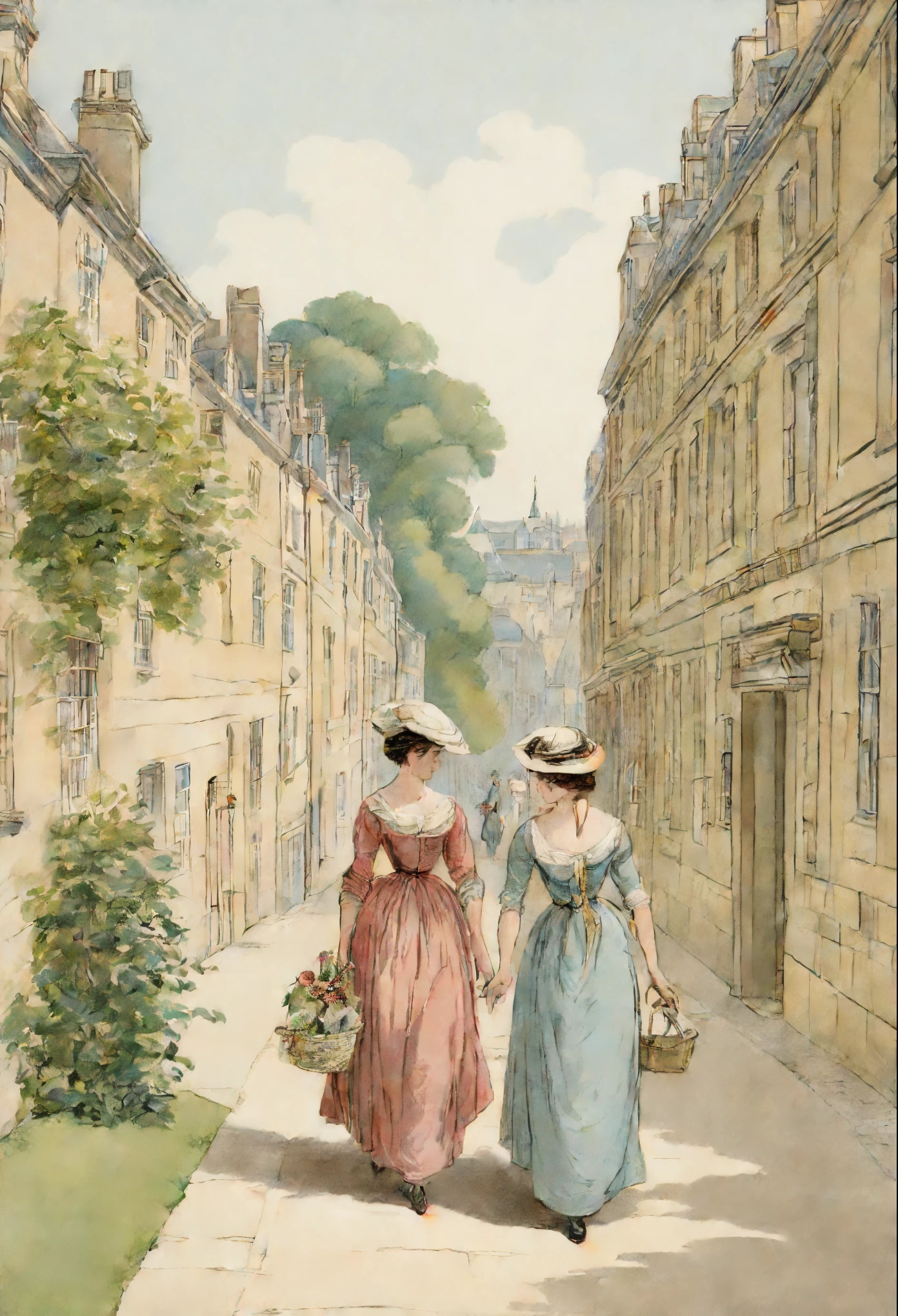 Isabella and Catherine walking arm and arm trough the city of Bath in an illustration by H. M. Brock from a edition of the novel Northanger Abbey by Jane Austen