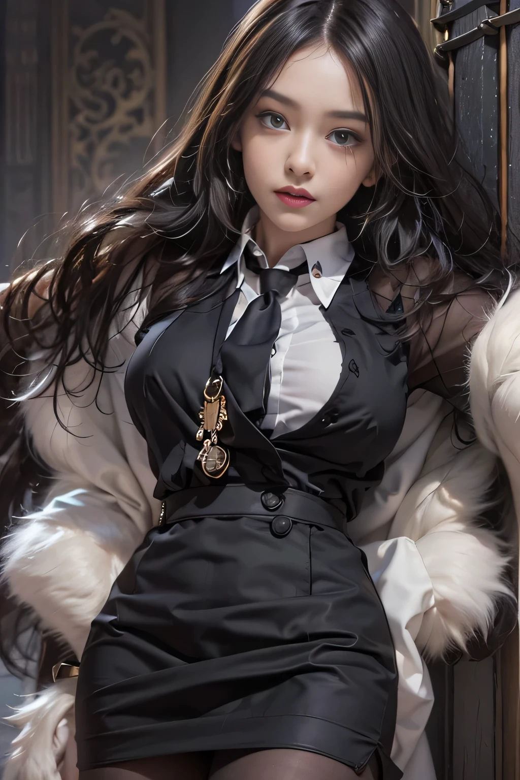 photorealistic, high resolution, 1 women, solo, hips_up, hips up, beautiful eyes, look at viewer, close lips, detailed face, white hair, long hair, collared shirt, black necktie,black skirt, pencil skirt, fur coat, stockings, library