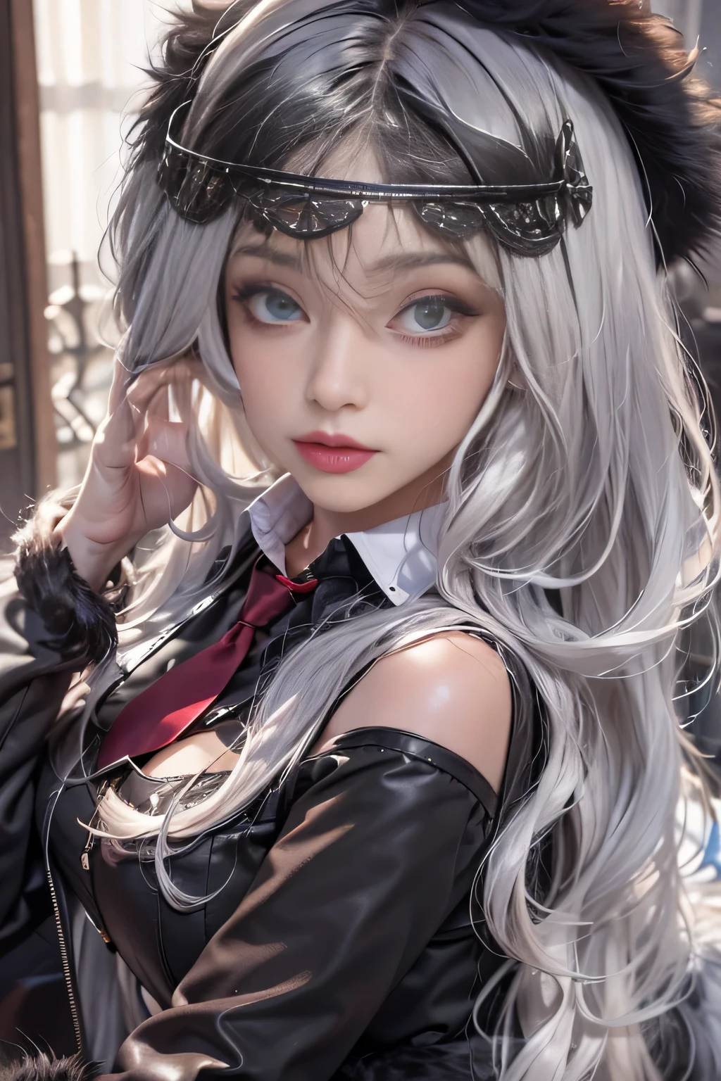 Photorealistic, High resolution, 1 Women, Solo, hips up high, Beautiful eyes, Close lips, Detailed face, White hair, Long hair, Collared shirt, black necktie,Black skirt, pencil skirts, Fur coat, Black stockings