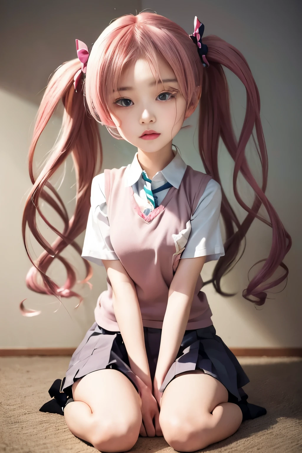 anime girl sitting on the floor with her legs crossed, anime visual of a cute girl, anime moe artstyle, cute anime girl, young anime girl, beautiful anime high school girl, an anime girl, pink twintail hair and cyan eyes, smooth anime cg art, twintails, portrait anime girl, portrait of an anime girl, portrait of cute anime girl，shirai kuroko，Long hair with double ponytail，粉红Long hair with double ponytail，A pink-haired，JK school uniform