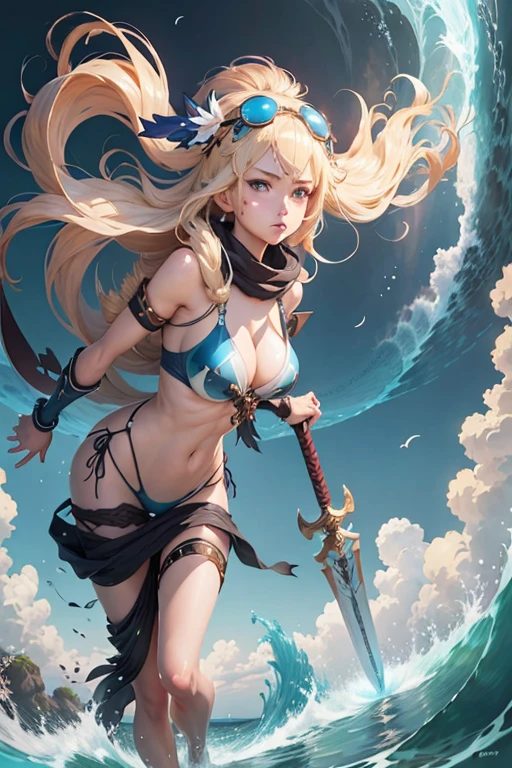 Anime girl in bikini with sword in the sea, cushart krenz key art feminine, anime fantasy artwork, anime goddess, epic light novel art cover, Smooth Anime CG Art, anime fantasy illustration, anime style 4 k, blonde anime girl with long hair, anime epic artwork, advanced digital anime art, beautiful alluring anime woman, beautiful fantasy anime, Seductive Anime Girl
