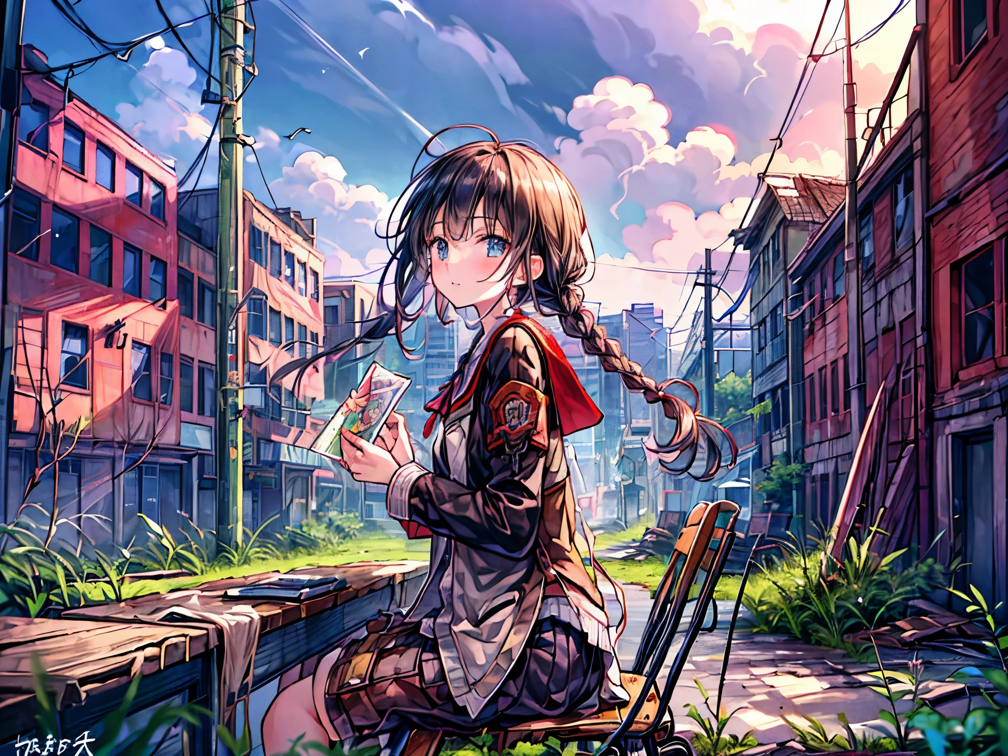 Concept art of a post-apocalyptic world with ruins, overgrown vegetation, flatchest，((lone survivor girl))，The content is very detailed,Detailed diagram，anime，tmasterpiece，dilapidated building right sun，Dilapidated classrooms，Shabby table，damaged chair，open air，(covered with moss and grass)，tre、Four&#39;afternoon clock，((废墟))，((A girl is sitting in the classroom looking up into the distance)),Lateral face，校服，Twist braids，vanishing point, Perspectives, 电影灯光，Close-up Shot Shot