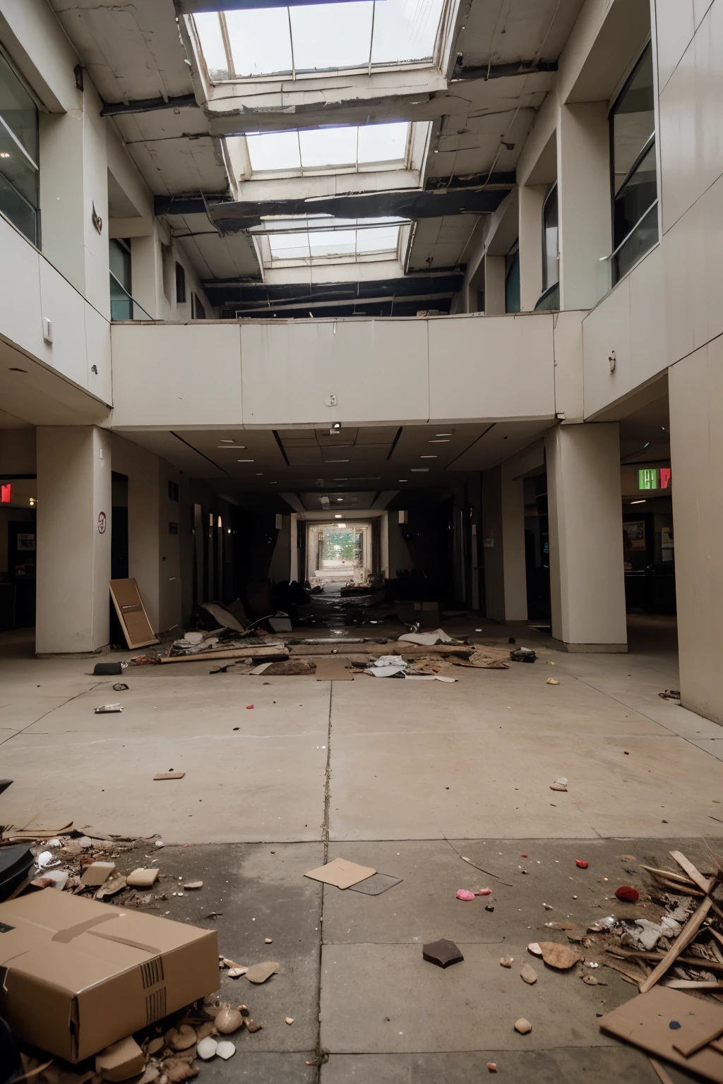 Dead mall some debris 4k uhd decay diagonal roller starcase film photography 12mm lens