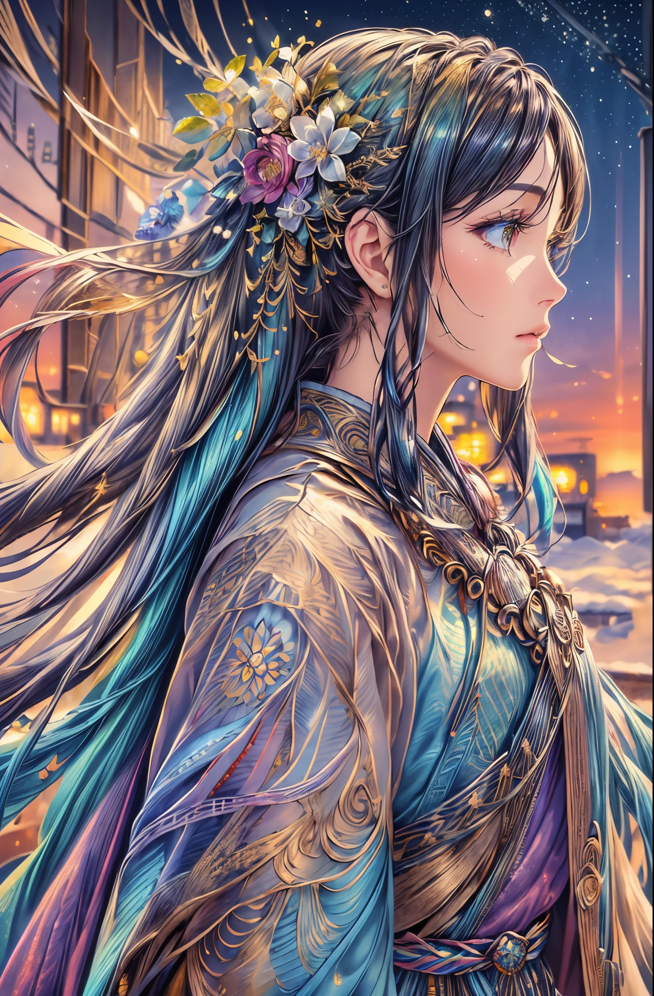 cold winter sky, magnificent view, detailed background, detailed Colorful clothing, beautifully flowing hair, gold dust, iridescent colors, intricate, (best quality, masterpiece, Representative work, official art, Professional, unity 8k wallpaper:1.3)