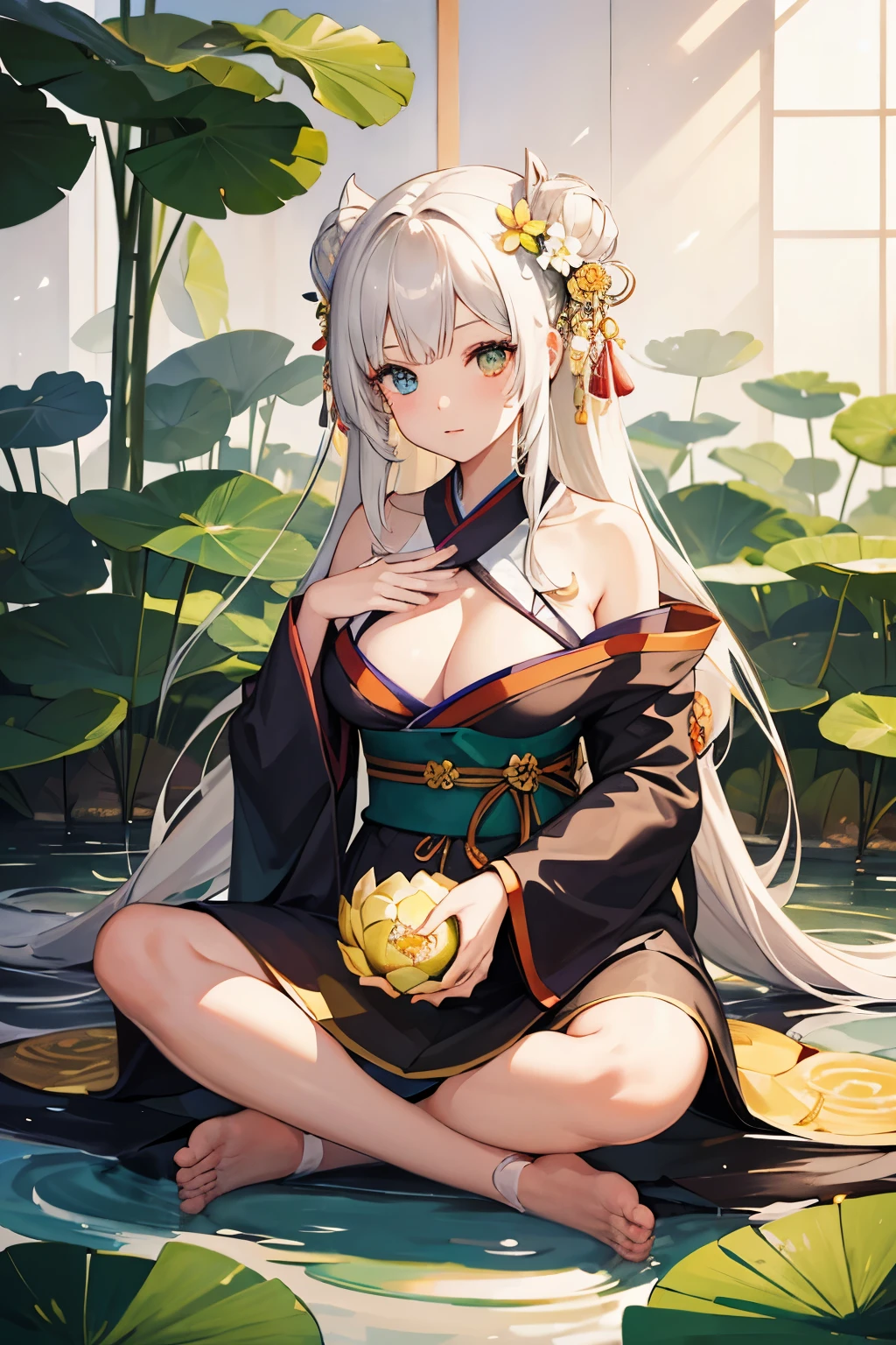 1 girl sitting in a kimono, lotus pose, sitting in a huge lotus flower, lotus flower, Girl meditating, Heterochromia, calm look at the viewer, Average Breasts