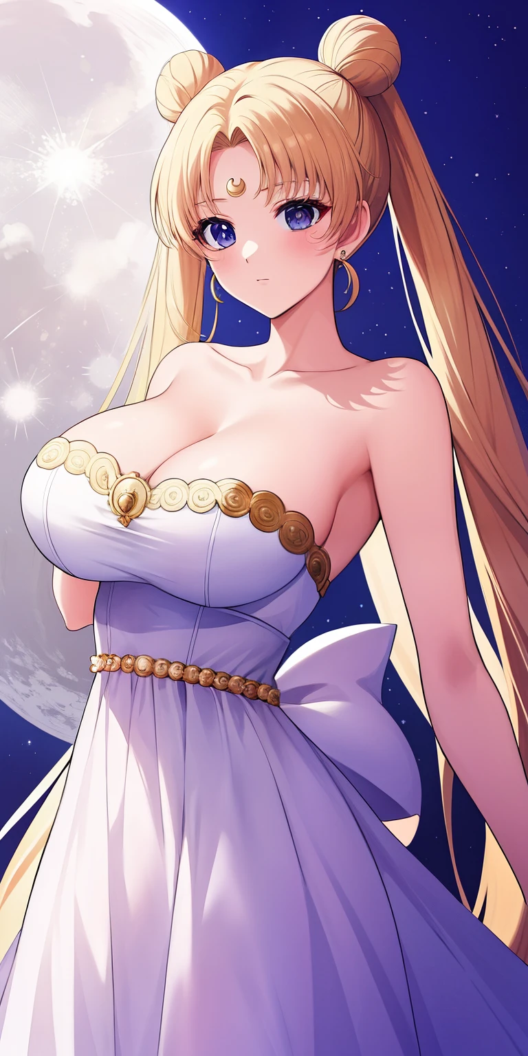 SMU Sagitsukino, 큰pectorals, Standing, Solo, Masterpiece, Best Quality, Detailed face, Detailed Eyes, high resolucion, Masterpiece, Best Quality, Detailed face, Detailed Eyes, high resolucion, SMPrincessCostume,Serenity,프린세스Serenity,네오퀸Serenity,pectorals,Big,거대한pectorals,풍만한pectorals.a blond,Dango hair,왕pectorals,breast,forehead crescent moon,젖pectorals,흘러넘치는pectorals,voluptuousness,The dress,crescent moon on forehead