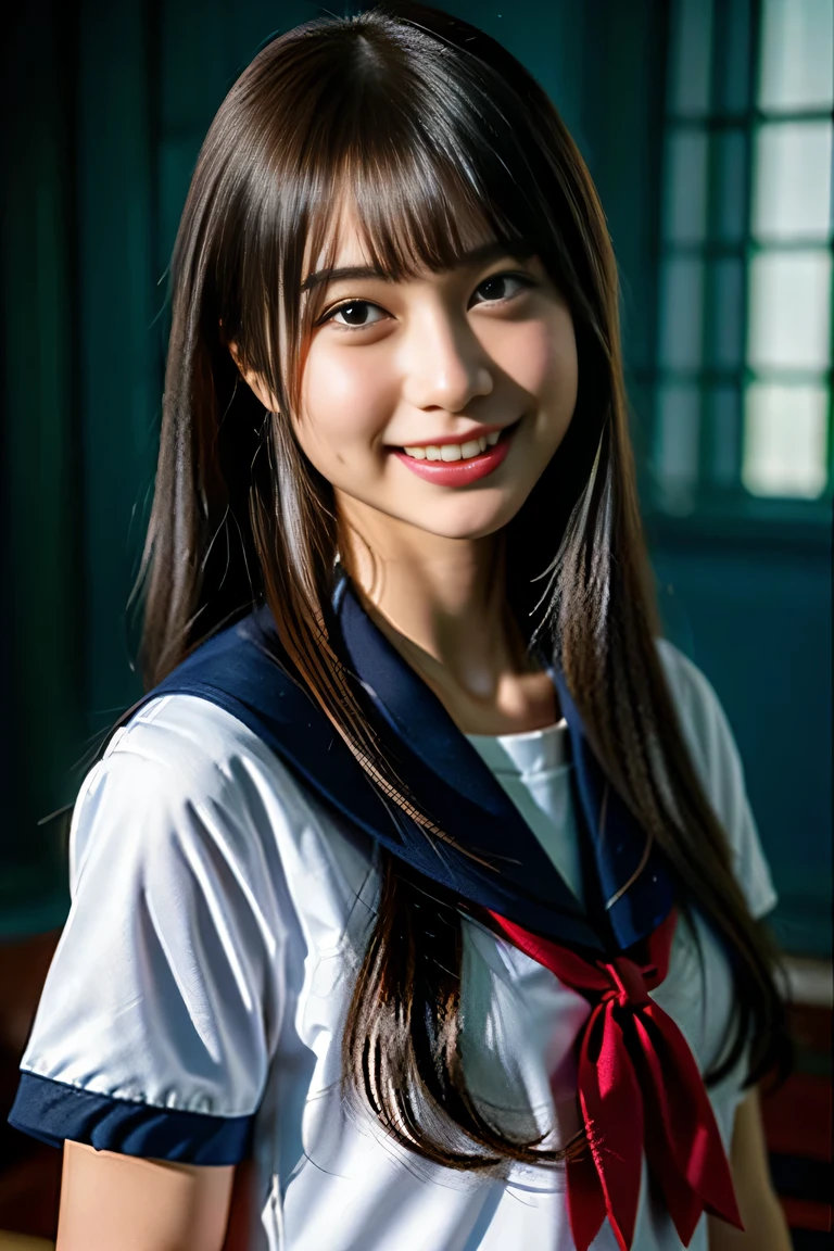 (((Draw only one woman: 2))), Beautiful 18 year old Japan woman, (A high school girl wearing a sailor uniform with short sleeves and a ribbon: 1.5), (Japan strict girls' school sailor uniform), ( High school girl sitting on a pew in church: 1.2), (Beautiful and elaborate stained glass on the background: 1.5), ((1screen)), in 8K, RAW shot, top quality photo, masutepiece, Amazing realism photos, (lighting like a movie:1.5), ((Anatomically correct proportions: 1.5)), ((perfectly proportions)), Cute woman like an idol in Japan, Detailed face, Detailed eyes, Narrow Nose, Detailed skin, (Beautiful long hair: 1.5), Sailor suit that fits her body, portlate, facial close-up, Side angle of smiling face