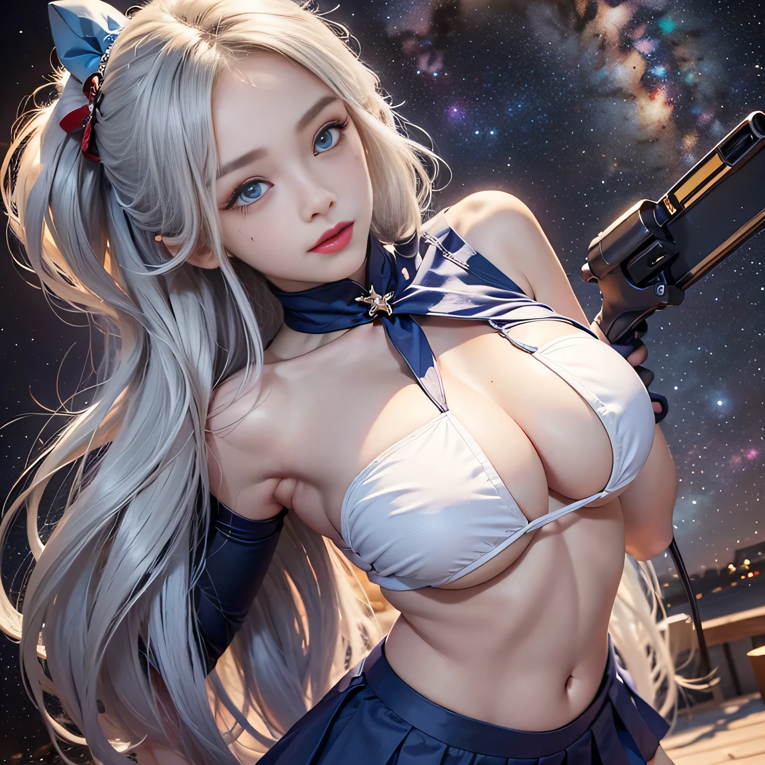Blonde gray hair, Straight hair, Spread hair, Long hair, PUPILS SPARKLING, long eyelashes, Blue eyes, makeup, Smile, Color Field Painting, Contemporary art,double whirlwind pattern design garment，Iris heterochromatic pupil，((girl with silver ponytail))((off shouldersの白いセーラー服))，((red necktie))、((Navy blue detailed flared miniskirt))((black stocking rack high heels))、無料のhight resolutionの,off shoulders、((The erection))、(Puffy eyes:1.２)、 (Slim legs),(Light shines on the face and chest)、(((((underboob)))))、Lower breast、Oily skin、skinny、 (the underside of the chest is slightly visible),(目に見えるLower breast、I can see your belly button and ribs)、Hip bones and lower abdomen are visible、Dark blue flared skirt、(lift up skirt）,((White T-back panties visible)),((Milky Way galaxy in the background))、 Northern Renaissance, Blurred, blending, From under the chest, Breasts from chest to side, the panorama, ultra wide-angle, Wide Angle, F/1.8, 135 mm, canon, nffsw, retinas, masutepiece, Elaborate, Anatomically correct, Skin Texture, Super Detail, high detailing, High quality, hight resolution, 1080p, hard disk, 4K, 8K, top-qualityの,  Sexy Pose , ((cheer girl)), serafuku, Japanese school sailor uniform, darkblue pleated skirt:1.27), (From under the chest, White thong, 1.24),(top-quality)、 (​masterpiece)、(Professional lighting with fewer shadows)、 (A hyper-realistic)、 (perfect anatomia)、 (In front of the camera、There are two women、Bangs and forehead、For white skin without moles on your breasts, wrinkles, Unevenness under the eyes.:1.5), (Beautiful blue eyes with long eyelashes and red tear bags:1.5), (In front of the cameraで誇らしげに胸を突き出す2人.:1.2), (Another person on the other side、Turned back with arched hips)、