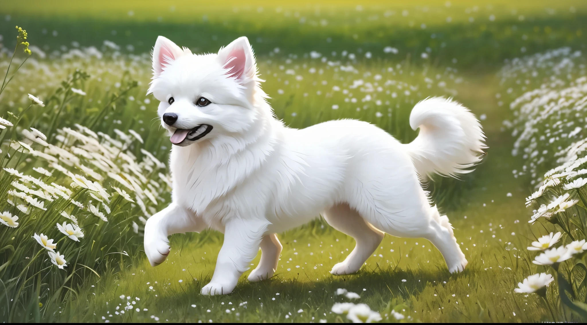 White Pomeranian，green meadows，run，Realistic painting style，Realistis，gleeful，brightly，fluorescence