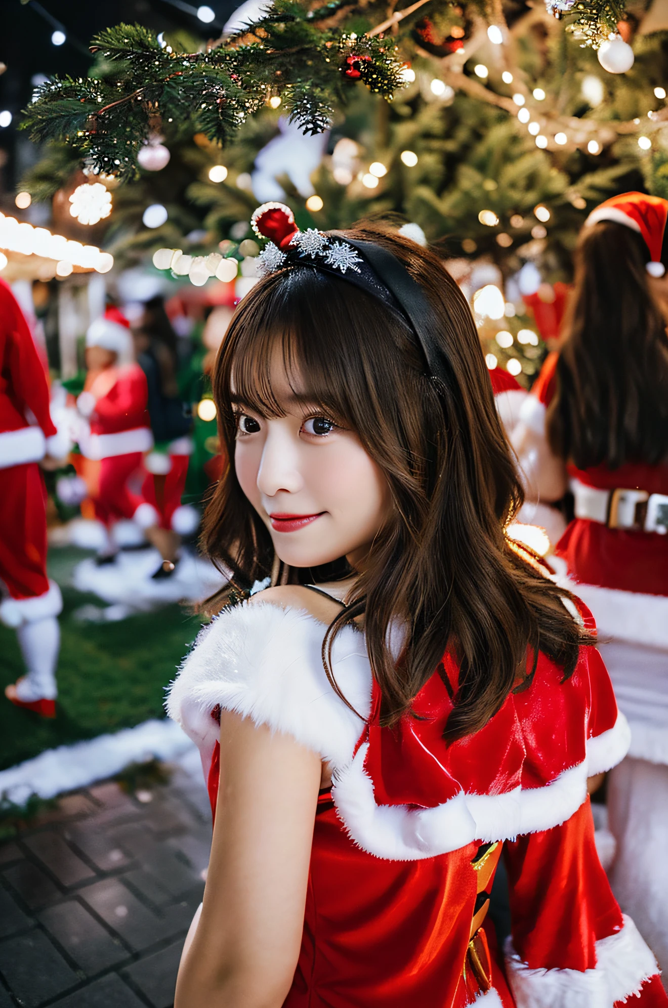 ((((Christmas tree and girl from behind)))),nighttime scene,Best Quality, 超A high resolution, (Photorealistic:1.4), Raw photo, 1日本人の女の子, (((Santa Claus Costume))),((Woman in the back)),ulzzang -6500-v1.1, (Raw photo:1.2), (photographrealistic:1.4), a beautiful detailed girl, Snowy Christmas Night, Outstanding style,(Christmas Market), Ultra-detailed, High resolution, top-quality, masterpiece, Highly detailed, 8K Wallpaper, Wonderful, finely detail, top-quality