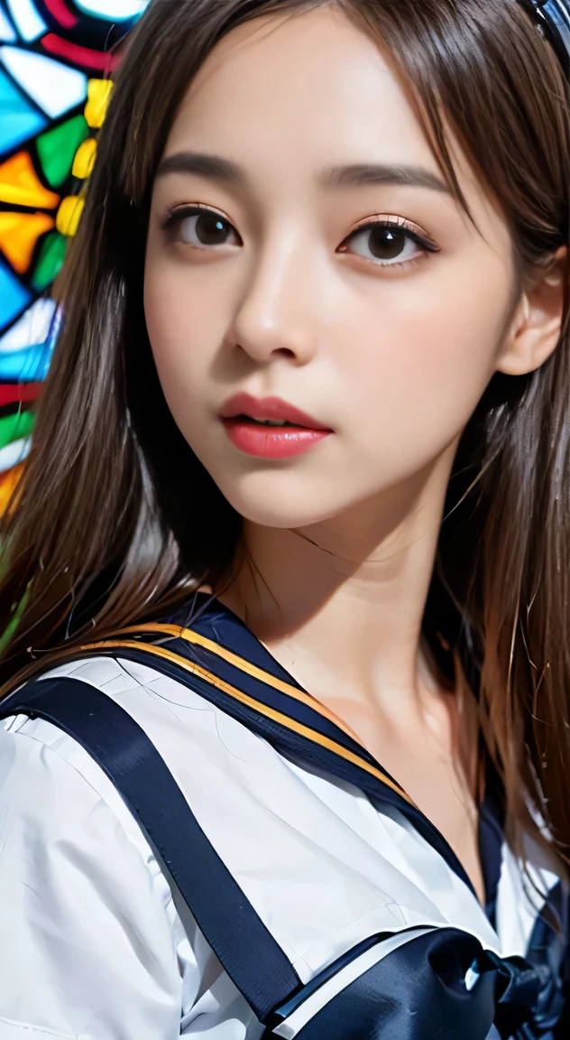 (((Draw only one woman: 2))), Beautiful 18 year old Japan woman, (A high school girl wearing a sailor uniform with short sleeves and a ribbon: 1.5), (Japan strict girls' school sailor uniform), ( High school girl sitting on a pew in church: 1.2), (Beautiful and elaborate stained glass on the background: 1.5), ((1screen)), in 8K, RAW shot, top quality photo, masutepiece, Amazing realism photos, (lighting like a movie:1.5), ((Anatomically correct proportions: 1.5)), ((perfectly proportions)), Cute woman like an idol in Japan, Detailed face, Detailed eyes, Narrow Nose, Detailed skin, (Beautiful long hair: 1.5), ((portlate:1.8)), ((facial close-up:1.8)), ssmile (Angle from the side)