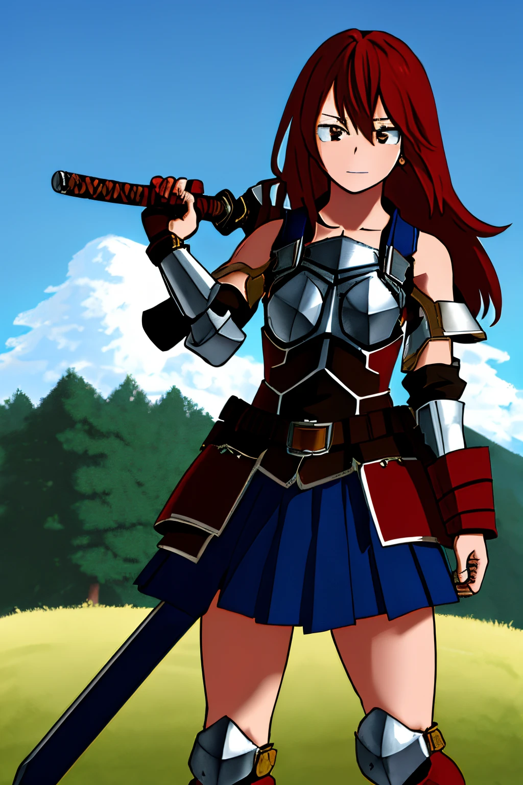 masterpiece, best quality, highres, fairy tail, 1girl, long hair, red hair, brown eyes, armor, shoulder armor, gauntlets, breastplate, armored dress, belt, pleated skirt, blue skirt, hair over one eye, field, grass, standing, cowboy shot, holding weapon, sword,