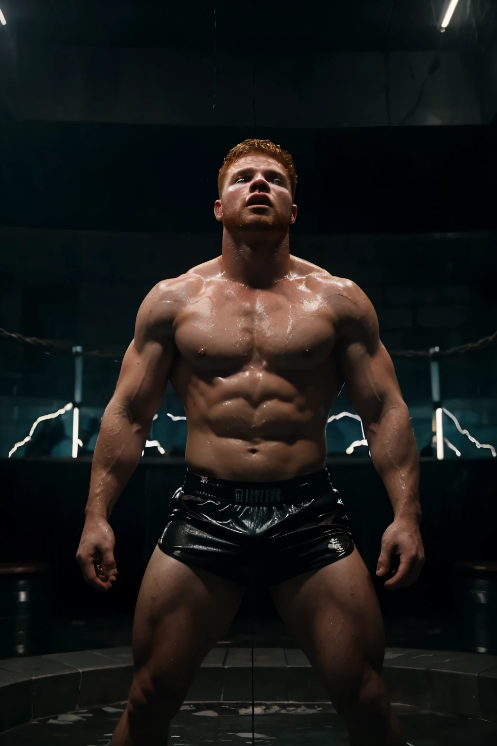 Canelo Alvarez in wet shorts screams while chained up in a torture chamber with lightning bolts in the background