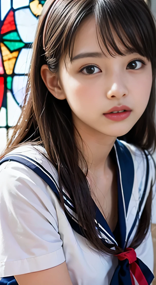 (((Draw only one woman: 2))), Beautiful 18 year old Japan woman, (A high school girl wearing a sailor uniform with short sleeves and a ribbon: 1.5), (Japan strict girls' school sailor uniform), ( High school girl sitting on a pew in church: 1.2), (Beautiful and elaborate stained glass on the background: 1.5), ((1screen)), in 8K, RAW shot, top quality photo, masutepiece, Amazing realism photos, (lighting like a movie:1.5), ((Anatomically correct proportions: 1.5)), ((perfectly proportions)), Cute woman like an idol in Japan, Detailed face, Detailed eyes, Narrow Nose, Detailed skin, (Beautiful long hair: 1.5), ((portlate:1.8)), (facial close-up:1.8), ssmile (Angle from the side)