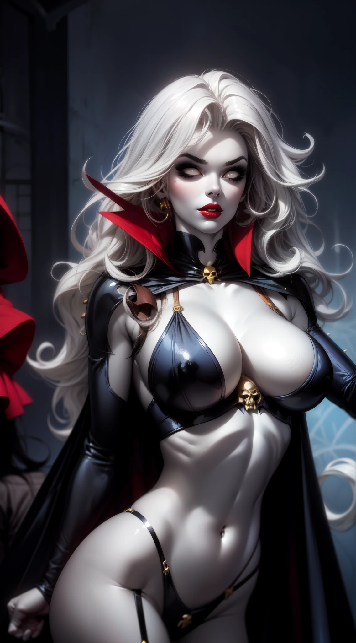 foreshortening, CARTOON_lady_death_bikini_ownwaifu, facing front,bored, mascara, blank_eyes,long hair,breasts,white hair,makeup,colored skin,navel,lipstick,large breasts,wavy hair,white skin,lips,curly hair,red lips,very long hair,toned, cape, sword, narrow_waist, curvy,pale skin, thick_eyelashes, thick eyebrows, big hair, blue background
