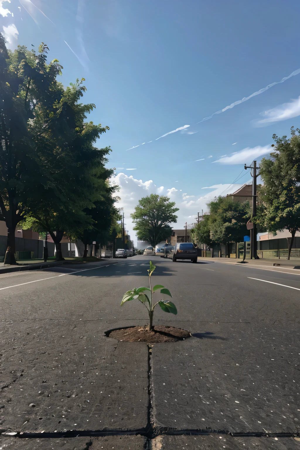 a tree sprouted in the middle of the asphalt, Front view