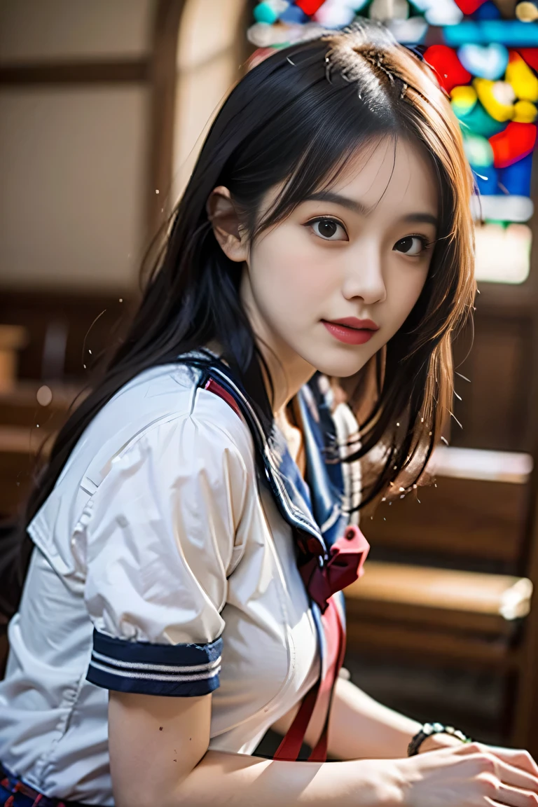 (((Draw only one woman: 2))), Beautiful 18 year old Japan woman, (A high school girl wearing a sailor uniform with short sleeves and a ribbon: 1.5), (Japan strict girls' school sailor uniform), ( High school girl sitting on a pew in church: 1.2), (Beautiful and elaborate stained glass on the background: 1.5), ((1screen)), in 8K, RAW shot, top quality photo, masutepiece, Amazing realism photos, (lighting like a movie:1.5), ((Anatomically correct proportions: 1.5)), ((perfectly proportions)), Cute woman like an idol in Japan, Detailed face, Detailed eyes, Narrow Nose, Detailed skin, (Beautiful long hair: 1.5), ((portlate:1.8)), ((facial close-up:1.5)), ssmile (Angle from the side)