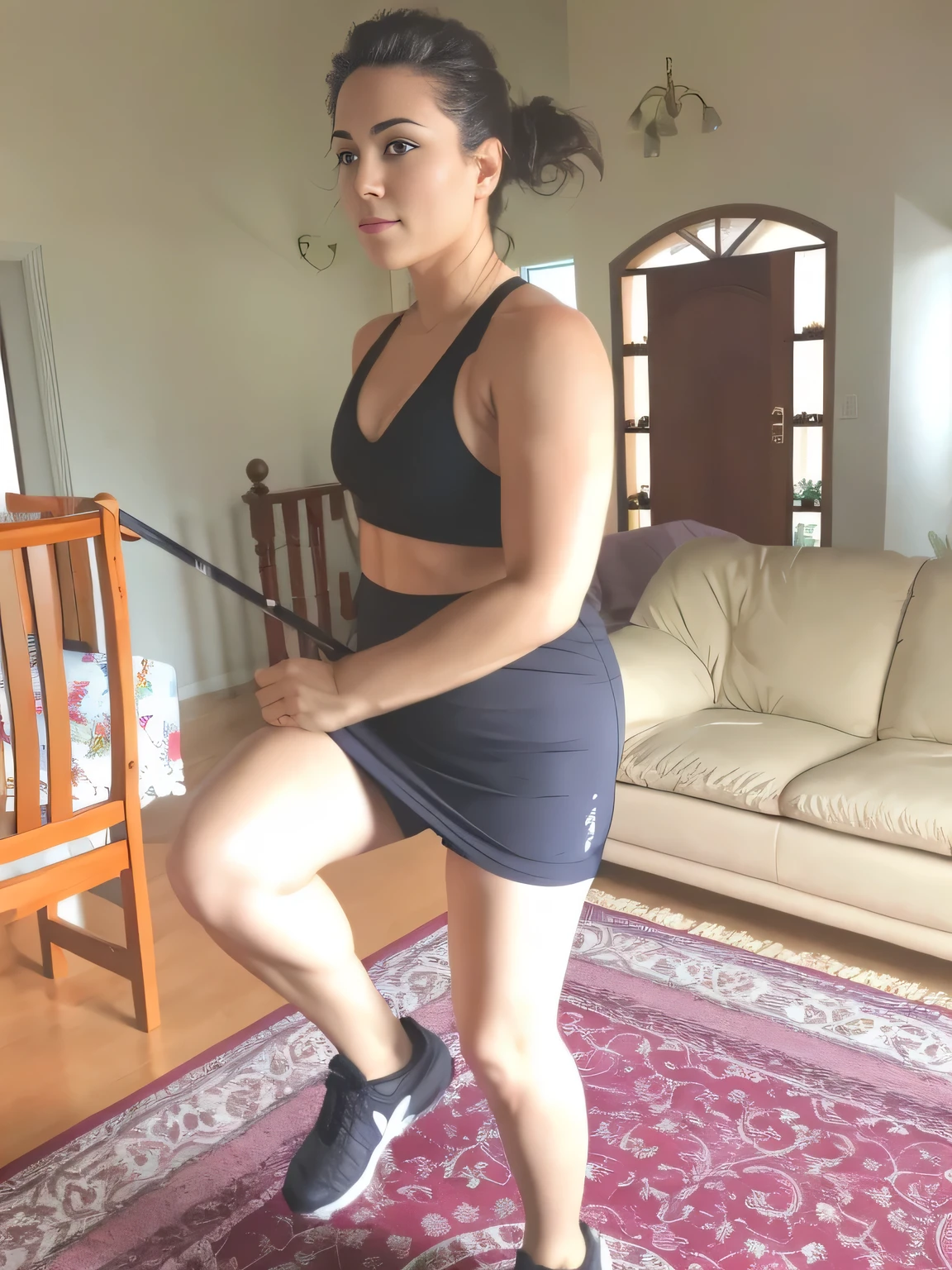 woman in black sports bra and black shorts standing on a rug, praticando seus staces de espada, malhar, side view of her taking steps, tiro na perna e no quadril, praticando posturas de espada, Photo adjustment, com bengala, holding a thick staff, squatting, tiro no quadril e na perna, lunging at camera :4, squatting pose