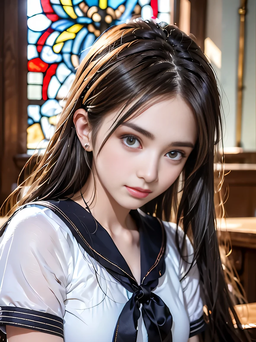 (((Draw only one woman: 2))), Beautiful 18 year old Japan woman, (A high school girl wearing a sailor uniform with short sleeves and a ribbon: 1.5), (Japan strict girls' school sailor uniform), ( High school girl sitting on a pew in church: 1.2), (Beautiful and elaborate stained glass on the background: 1.5), ((1screen)), in 8K, RAW shot, top quality photo, masutepiece, Amazing realism photos, (lighting like a movie:1.5), ((Anatomically correct proportions: 1.5)), ((perfectly proportions)), Cute woman like an idol in Japan, Detailed face, Detailed eyes, Narrow Nose, Detailed skin, (Beautiful long hair: 1.5), ((portlate:1.8)), ((facial close-up:1.5)), ssmile  (Angle from the side)