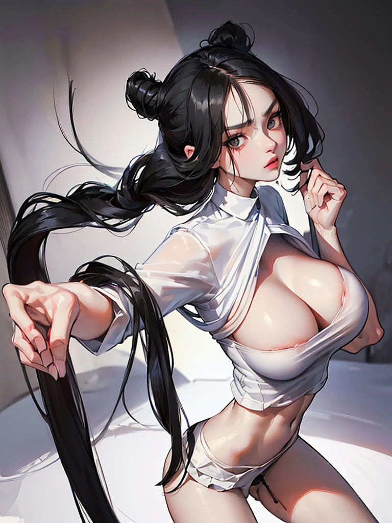Gorgeous erotic face:1.4). middle hair. twintails. black hair. (face focus:1.7),(1girll:1.3).solo.(view the viewer:1.4). NSFW. (skinny:1.7). (Slim legs:1.6) .(white shirt lift:1.5).(Short black skirt:1.3).schools. (Big breasts:2.0). Black hair. Sweat. steam.