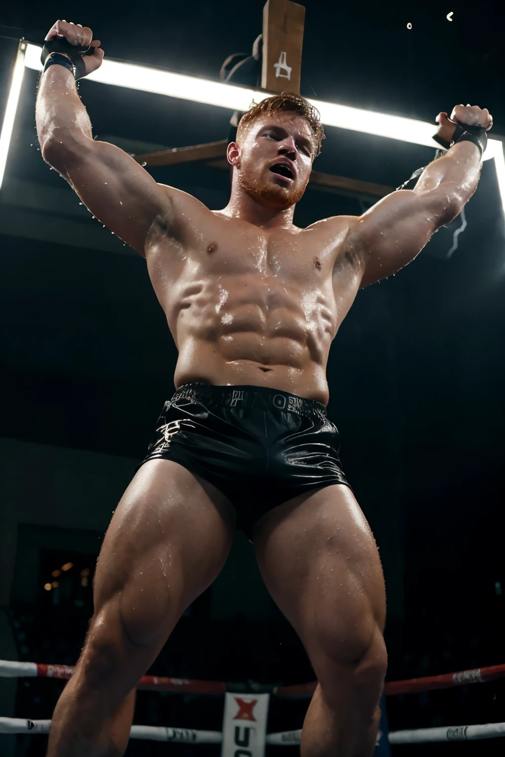 Canelo Alvarez in wet shorts screams while crucified in a torture chamber with lightning bolts in the background