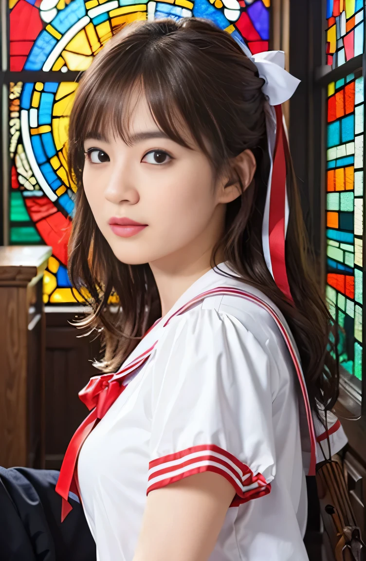 (((Draw only one woman: 2))), Beautiful 18 year old Japan woman, (A high school girl wearing a sailor uniform with short sleeves and a ribbon: 1.5), (Japan strict girls' school sailor uniform), ( High school girl sitting on a pew in church: 1.2), (Beautiful and elaborate stained glass on the background: 1.5), ((1screen)), in 8K, RAW shot, top quality photo, masutepiece, Amazing realism photos, (lighting like a movie:1.5), ((Anatomically correct proportions: 1.5)), ((perfectly proportions)), Cute woman like an idol in Japan, Detailed face, Detailed eyes, Narrow Nose, Detailed skin, (Beautiful long hair: 1.5), ((portlate:1.8)), ((facial close-up:1.5)), ssmile  (Angle from the side)