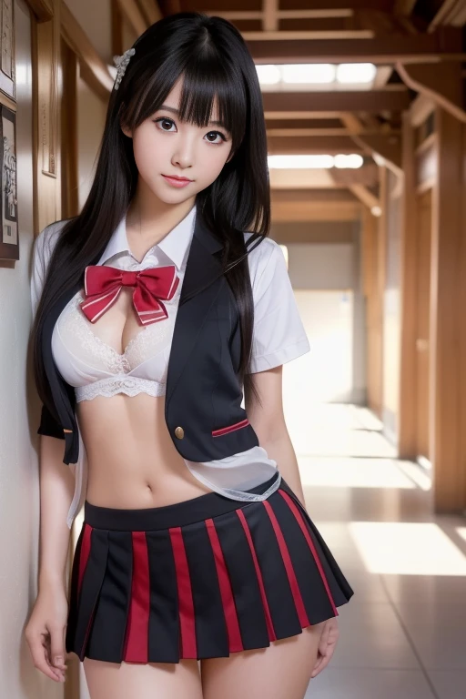 (Raw photo:1.2, Photorealsitic:1.4), Beautiful detailed girl, Highly detailed black eyes, A Japanese Lady, Ridiculous, Incredibly ridiculous,18year old ,Stylish , (hight resolution, Very detailed, Best Quality, masutepiece), Healthy body, ((Japanese girls' high school uniform)),springtime , Bruises,(perfect anatomia,Beautiful limbs), school hallway.Silence,Idol , amazing, (C Cup:1.4, masutepiece, Best Quality,Gravure photography , )、Light on Face, Cinematic lighting, 1girl in,Professional filming, ((artistic)), ((Dynamic Pose))), (Perfect raw legs、Shining thighs),